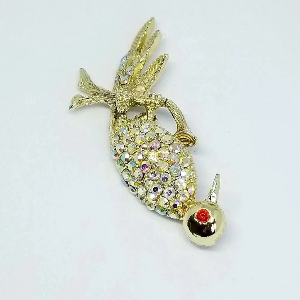 Clear Aurora Borealis Rhinestone Red Eyed Bird Pin